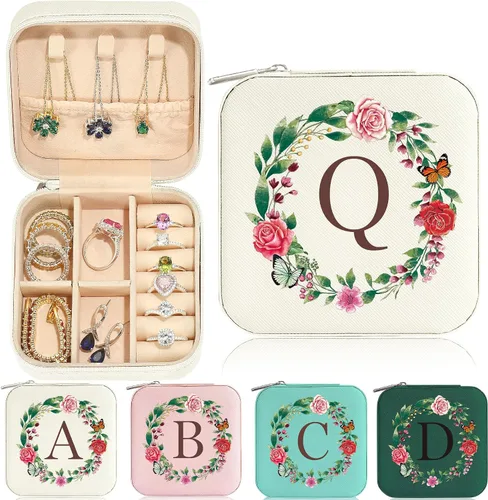 Parima Joyero de viaje Joyero de viaje con inicial blanca Joyero pequeño para mujeres y niñas Caja organizadora de joyas esencial de viaje,