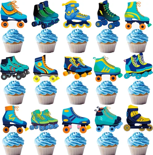 48 piezas de decoración para cupcakes de patinaje sobre ruedas, decoraciones de fiesta de cumpleaños para niños, temática de patinaje azul, para
