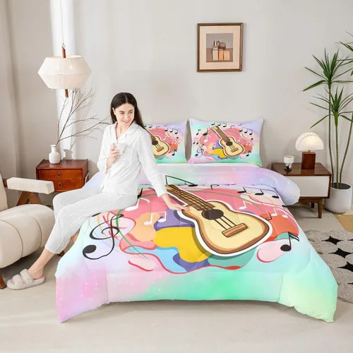 Miniatura 14 de Juego de ropa de cama con música de piano, tamaño matrimonial, juego de edredón de notas musicales en blanco y negro, 3 piezas, silueta de Multi 10
