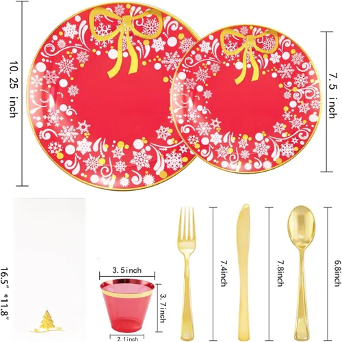 Miniatura 2 de Hioasis Juego de 175 piezas de plástico para lugares, temática navideña, guirnalda roja y blanca, incluye 25 platos de cena y postre, utensilios
