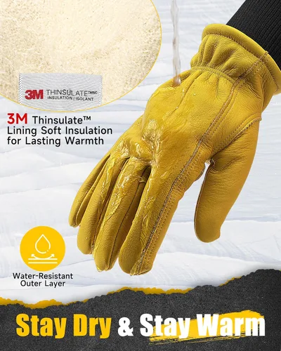 Miniatura 3 de DULFINE Winter Leather Work Gloves for Men and Women,3M Thinsulate Lining for Cold Weather Work, Thermal Insulated Gloves Amarillo/muñeca de punto