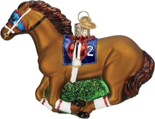 Old World Christmas Adorno de cristal soplado de caballo de carreras para árbol de Navidad, decoración navideña artesanal, colección de caballos