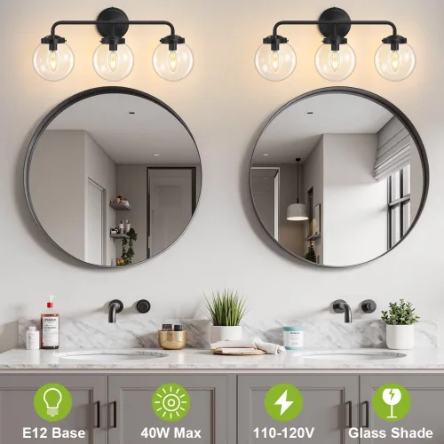 Miniatura 3 de Lámparas de Tocador de Baño Negras Sobre Espejo, Aplique de Pared Moderno Negro Mate de 3 Luces con Pantalla de Bola de Vidrio Transparente, Luces