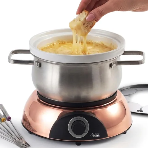 Juego de fondue eléctrico de chocolate y queso Artestia con dos ollas (acero inoxidable y cerámica), para servir a 8 personas (ollas de acero