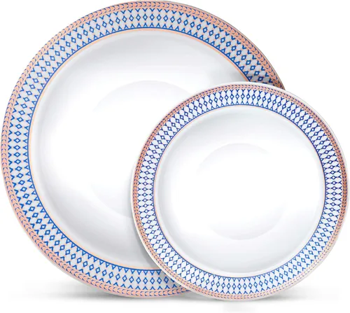 Laura Stein Juego de vajilla de diseñador | 32 cuencos de plástico desechables para fiestas, cuenco de boda blanco con borde azul y detalles de oro
