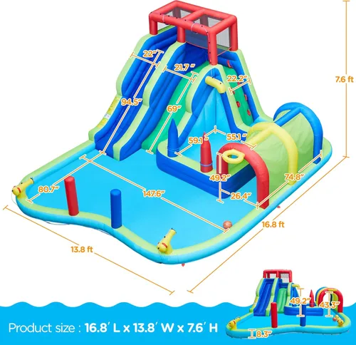 Miniatura 3 de Yaheetech Tobogán acuático inflable, tobogán acuático de doble carril con túnel largo y pared de escalada y sacos de boxeo y juego de lanzamiento