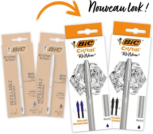 Miniatura 3 de BIC Cristal Re'New - Bolígrafo recargable de alta calidad, en negro y azul, paquete de 2 unidades, incluye 2 recambios de cada