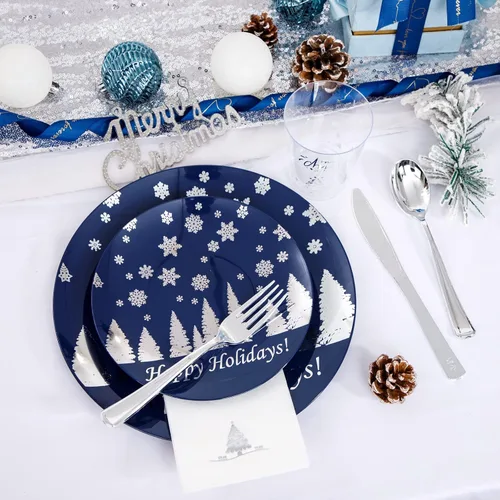 Miniatura 4 de Hioasis 175 piezas de platos de plástico para Navidad - Platos desechables de plástico azul y plateado incluyen 25 platos para cenar, 25 platos