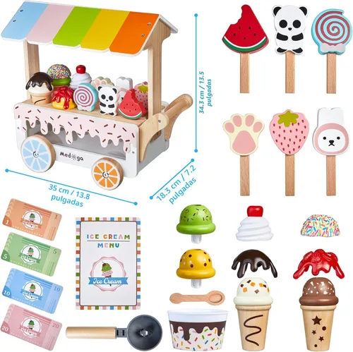 Miniatura 5 de Carrito de Helados de Madera Juguete Playset con Juguetes de Helado Juego de Comida de Simulación Camión de Comida Accesorios de Cocina de Juego