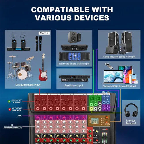 Miniatura 7 de Mezclador de audio de 8 canales, mesa mezcladora de música profesional, consola de mezcla de DJ con Bluetooth, reproductor USB/MP3, reverberación