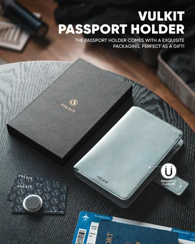 Miniatura 5 de VULKIT Cartera de pasaporte compatible con Airtag Holder Bifold Travel Card Holder, Azul, Moda