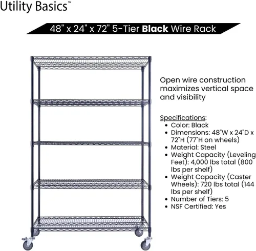 Miniatura 5 de NSF - Estantería comercial de alambre de 5 niveles con ruedas, estantes de metal resistente de 48 x 24 x 72 pulgadas, capacidad máxima de 4000 Negro