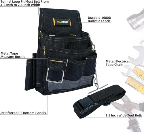 Miniatura 3 de MELOTOUGH Bolsa de herramientas para electricista, bolsas para cinturón de herramientas, múltiples bolsillos, organizador de herramientas para Gris
