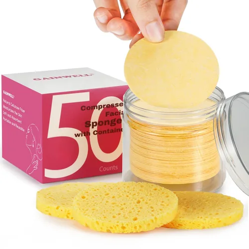 GAINWELL 50 esponjas faciales comprimidas con recipiente de almacenamiento, para limpieza facial, removedor de maquillaje reutilizable, portátil,