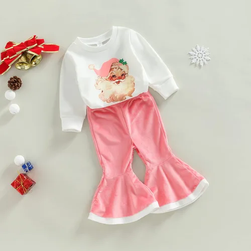 Miniatura 2 de Gueuusu Conjunto de ropa de manga larga para bebé niña con texto en inglés "My 1st Christmas", sudadera de manga larga con pantalones acanalados