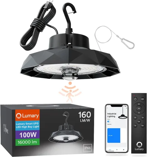 Lumary Smart Bluetooth UFO LED High Bay Light Sensor de movimiento de 100 W, 16,000 lm 5000 K regulables luces de garaje para taller, compatible con
