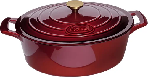 La Cuisine - Olla ovalada de hierro fundido esmaltado tipo holandesa con tapa, 6.75 cuartos de galón, revestimiento interno de esmalte negro mate