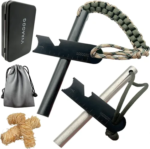 VVAAGG Kit de Iniciador de Fuego de Pedernal y Acero Superviviente, Varillas de Ferro de 3/8" y 1/2" y Varillas de Magnesio con Mango de Paracord