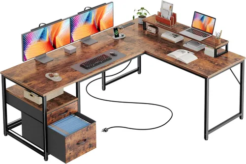 Miniatura 11 de PRAISUN Escritorio en forma de L de 55 pulgadas con tomas de corriente y puerto USB-C, escritorio de oficina en casa con cajones de tela de archivos