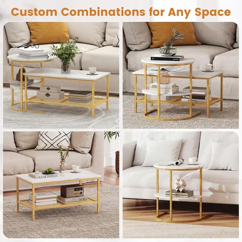 Miniatura 5 de Giantex Juego de 2 mesas auxiliares anidables, mesa rectangular desmontable y mesa redonda con estampado de mármol sintético blanco, marco de metal