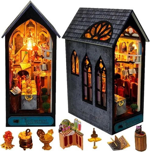 Kit de casa en miniatura de bricolaje, kit de rincón de libro de estilo europeo, diseño de espejo ilusión, kit de casa de muñecas en miniatura,