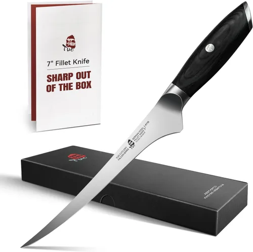 TUO Cuchillo de filete, cuchillo profesional para deshuesar peces de 7 pulgadas para recortar carne y aves de corral, hoja flexible, acero alemán de