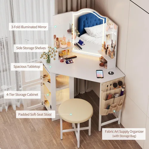 Miniatura 5 de LVSOMT Escritorio esquinero de maquillaje con espejo y luces, tocador de 44 pulgadas con estación de carga, mesa de maquillaje con taburete, armario
