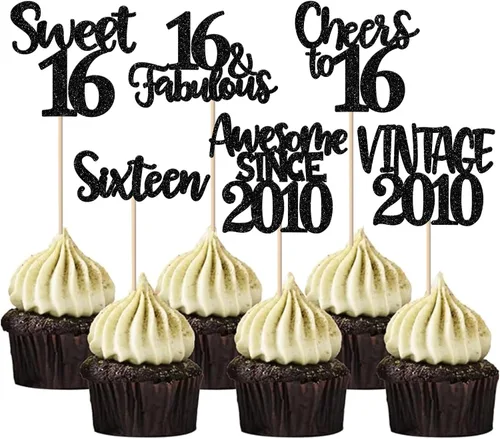 Miniatura 29 de Rsstarxi Paquete de 24 adornos para cupcakes vintage 2019 con purpurina negra para 5º cumpleaños, saludos a 5, cinco, 5, 5 fabulosos para cupcakes