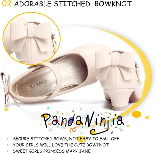 Miniatura 48 de PANDANINJIA Vestido de jada para niñas y niños pequeños, zapatos de princesa Mary Jane con tacones con lazo para fiesta, boda, boda