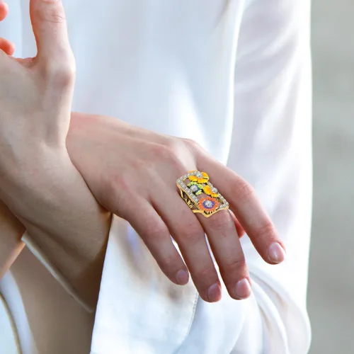 Miniatura 3 de Anillo ancho de resina esmaltada rectangular grande, anillo grueso floral de dedo completo, chapado en oro de 14 quilates, cuadrado grande, cóctel
