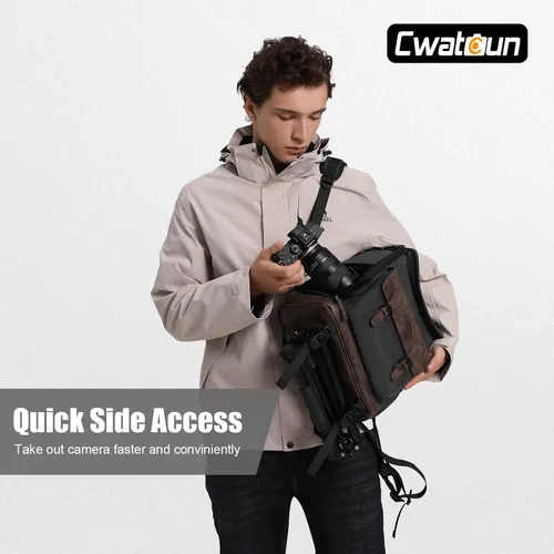 Miniatura 5 de Cwatcun Canvas Camera Backpack, DSLR SLR Camera Bags for Photographers with Waterproof Rain Cover, Camera Case with Laptop Compartment & Tripod