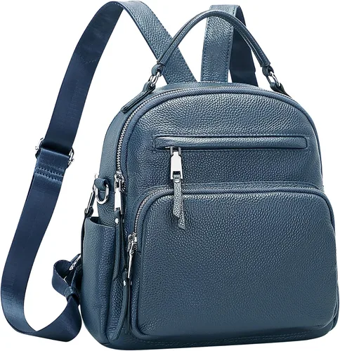 Miniatura 2 de ALTOSY Mochila de cuero genuino para mujer, pequeña mochila convertible bolso para damas, bolso de hombro 4 en 1 para llevar, azul, (Linen Blue)
