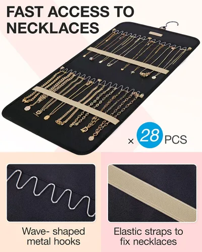 Miniatura 2 de BAGSMART Organizador de joyas colgante con rollo de almacenamiento y ganchos metálicos de doble cara para aretes, collares, anillos en armario, Negro