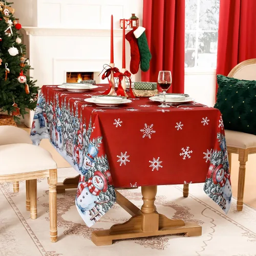 Miniatura 6 de Softalker Mantel Navideño Rectangular 60x102 Pulgadas, Mantel Rojo de Mesa de Invierno Navidad Muñeco de Nieve Camión, Cubierta de Mesa