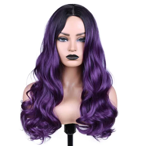 Miniatura 6 de Pelucas largas, rizadas y onduladas, en color morado degradado, de pelo sintético, resistentes al calor, 2 tonos, raíces oscuras, para mujeres