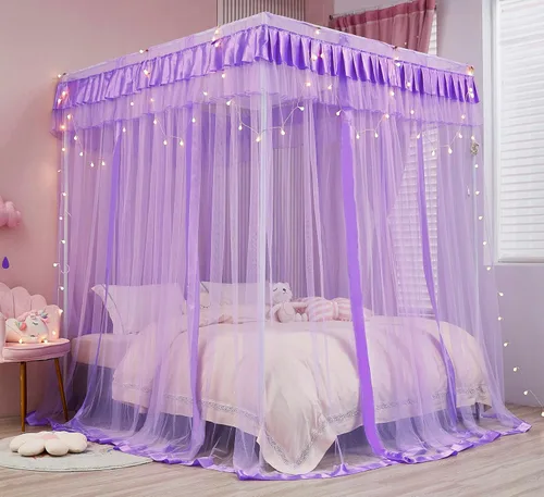 Miniatura 2 de Mengersi Cortinas de cama con dosel tamaño Queen – Cortinas de dosel de cama – Toldo de 4 aperturas para cama – Lindo regalo de decoración de Morado
