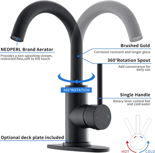 Miniatura 3 de Grifo de lavabo de baño de una sola manija, grifo de fregadero de barra giratoria de 360° con placa de cubierta, juego central de 4 pulgadas, grifo