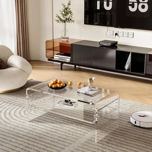 Miniatura 4 de Mesa auxiliar acrílica de 2 niveles, mesa auxiliar con estante de almacenamiento, mesa central moderna para sala de estar, oficina, dormitorio