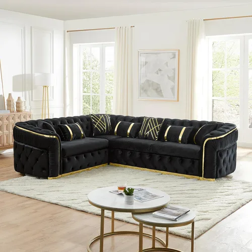 Miniatura 10 de KEIKI Sofá Chesterfield de terciopelo de lujo de gran tamaño de 81 pulgadas con decoración de acero inoxidable dorado, sofá de 3 plazas