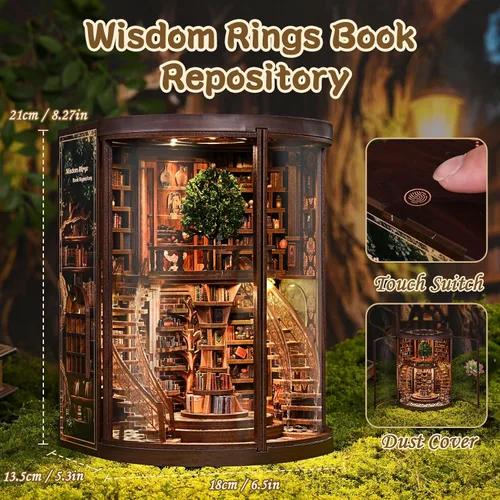Miniatura 3 de Kit de rincón de libros en miniatura, rompecabezas de madera 3D, decoración de estantería de biblioteca con luces LED, modelo de casa pequeña