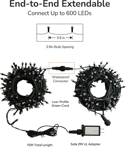 Miniatura 6 de ULG - Luces de cuerda de Navidad de 2 paquetes mejoradas de 186 pies con 500 LED, luces de hadas impermeables extensibles con función de memoria, 8