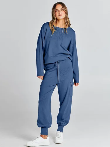 Miniatura 2 de Caracilia Conjuntos de dos piezas para mujer, conjuntos de suéter de manga larga, tops de punto a juego, pantalones deportivos tipo cargo a juego