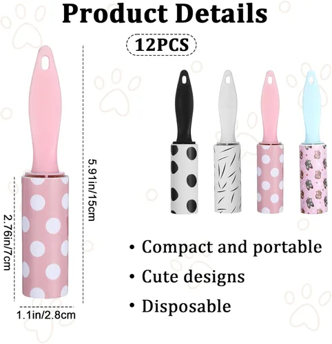 Miniatura 2 de 12 rodillos de pelusa para pelo de mascotas extra pegajosos y ropa, mini rodillos de pelusa de viaje, hojas desechables para quitar el pelo de perro