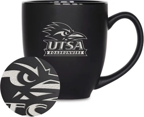 Miniatura 342 de Rico Industries - Taza de cerámica mate negra con grabado láser estándar de 15oz para NCAA (escuelas T & U) - Para bebidas calientes o frías