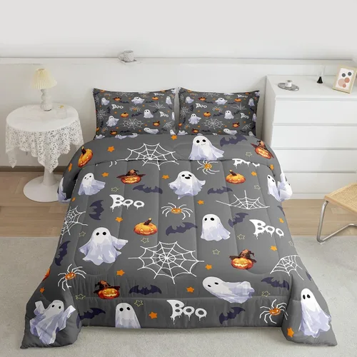 Miniatura 18 de Juego de edredón rosa con temática de Halloween, tamaño individual, edredón de farol de calabaza para adolescentes, juego de ropa de cama de Multi