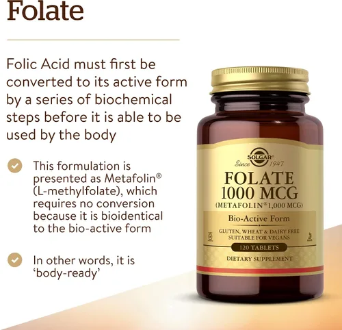 Miniatura 3 de Solgar Folato 1000 mcg, 120 tabletas - 1000 mcg de metafolina bio-activa - vegano, sin gluten, sin lácteos, Kosher - 120 porciones