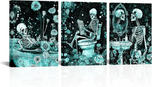 Miniatura 5 de FuShvre Decoración de esqueleto para baño, cuadros artísticos de pared de esqueleto Moody para baño, pintura gótica para decoración del hogar, Negro