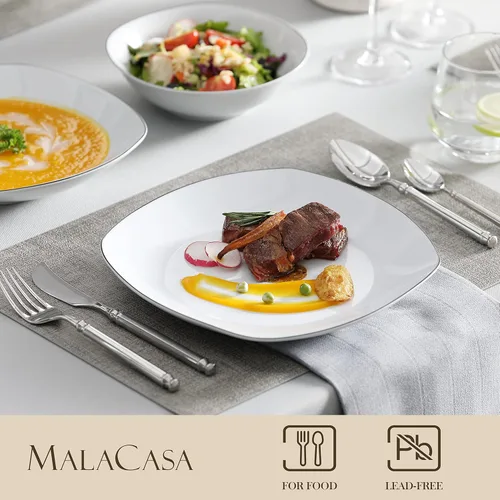 Miniatura 3 de MALACASA Series Elisa - Juego de vajilla de porcelana cuadrada de 24 piezas, color blanco con borde negro, juego de platos modernos para 6 platos