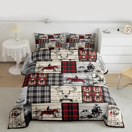 Miniatura 2 de Erosebridal Juego de edredón para niños y niñas, juego de ropa de cama con estampado de vaquero, diseño de granja, a cuadros, caballo y vaca