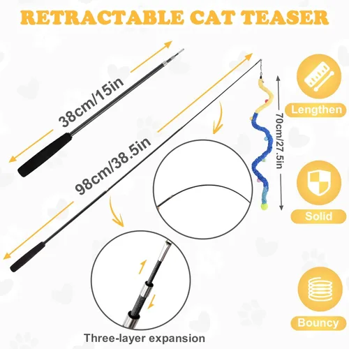 Miniatura 2 de Juguete de varita para gatos, 8 piezas retráctiles de felpa Srtip para gatos, juguetes con campana y cuerda, juguetes interactivos largos